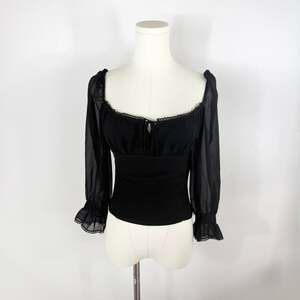 Wilfred Duke Blouse | Black Sheer Peasant Top | Lace Trim Puff Sleeve | Size S
